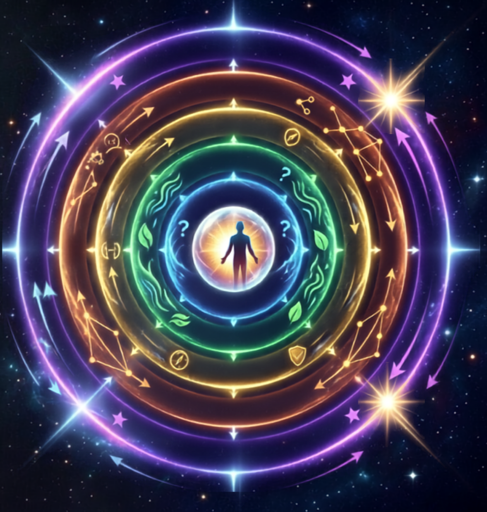 The Identity Orbit: layered rings of capacity surrounding a central figure